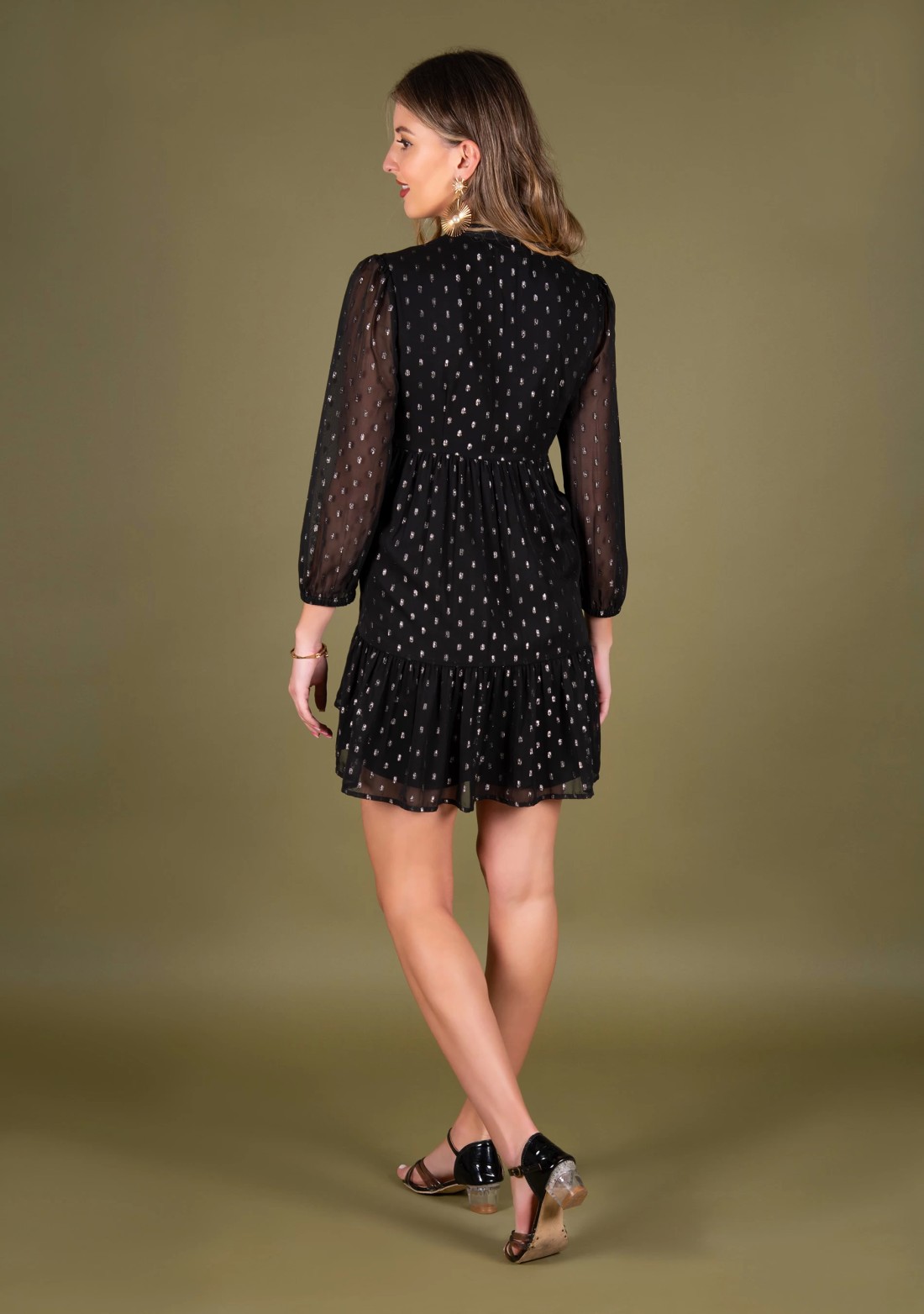 Black Georgette Lurex Flared Mini Dress