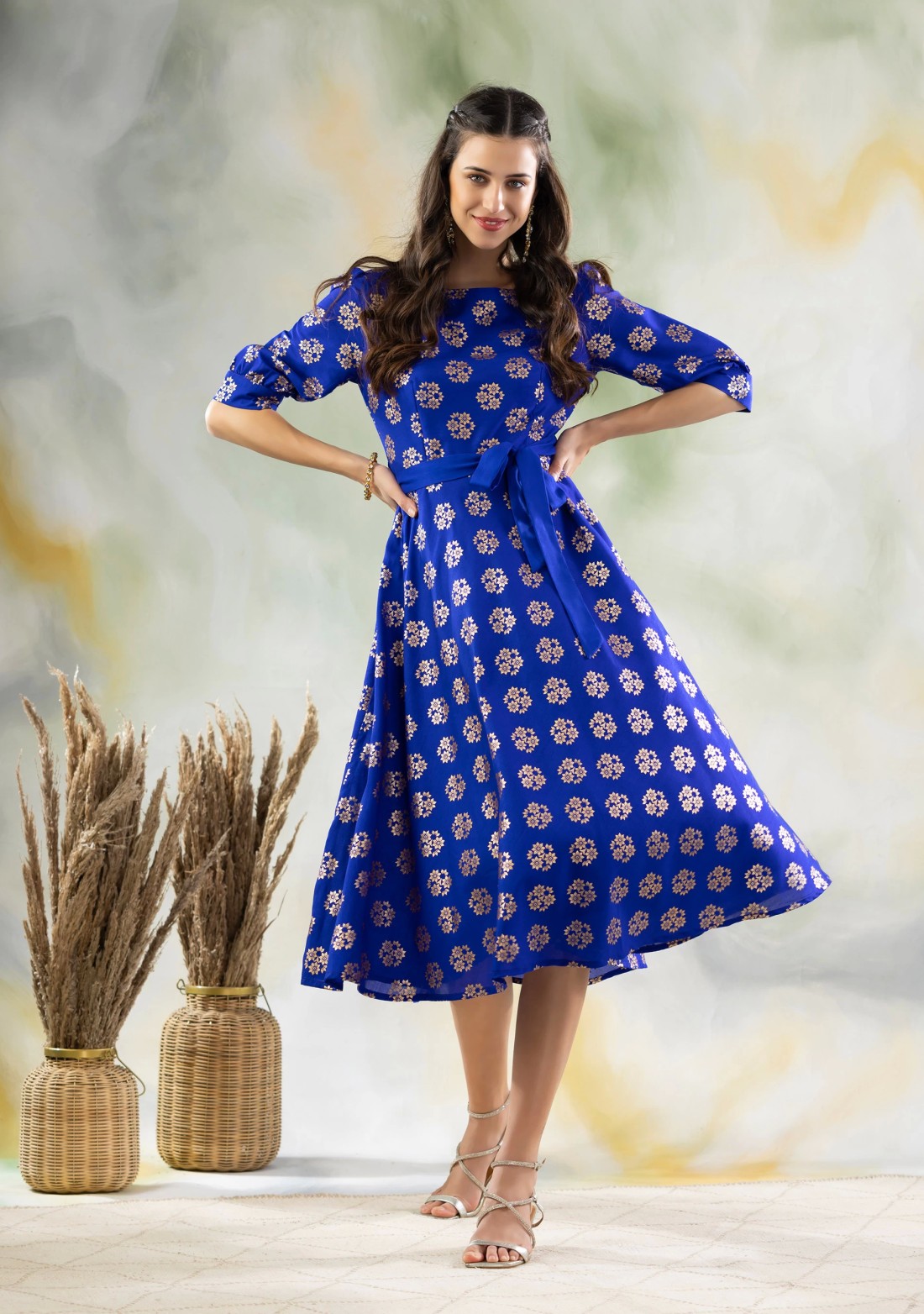 Blue Gold Foil Print Flared Midi Dress