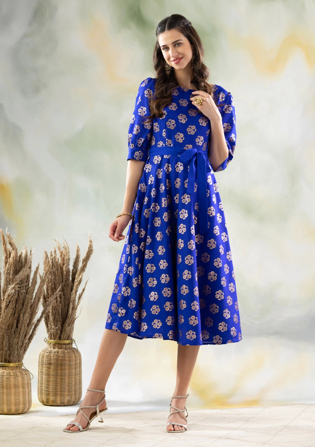 Blue Gold Foil Print Flared Midi Dress