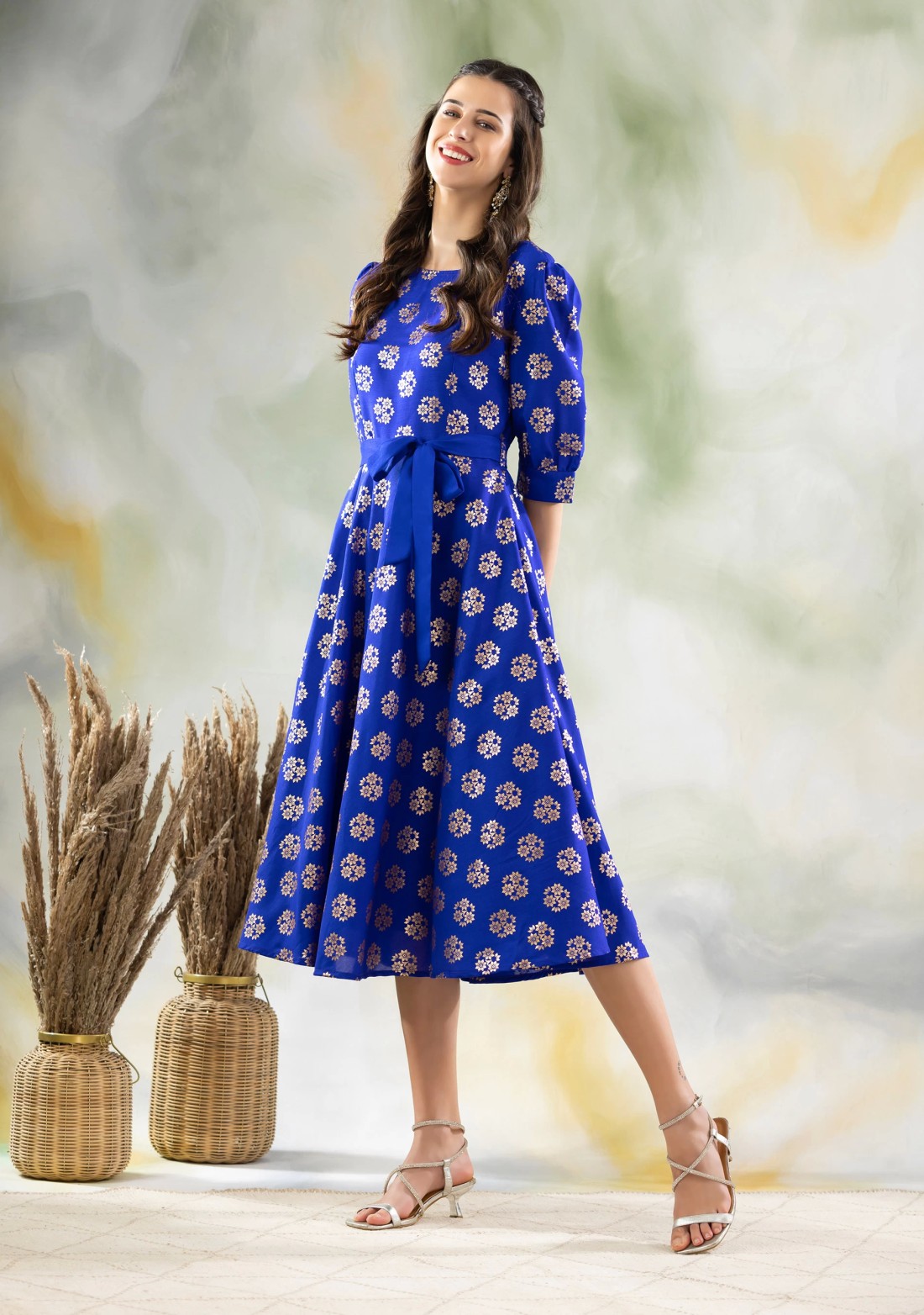 Blue Gold Foil Print Flared Midi Dress