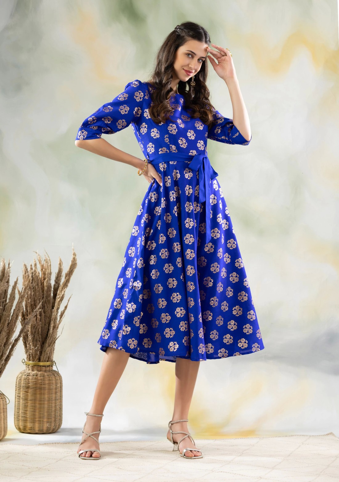 Blue Gold Foil Print Flared Midi Dress