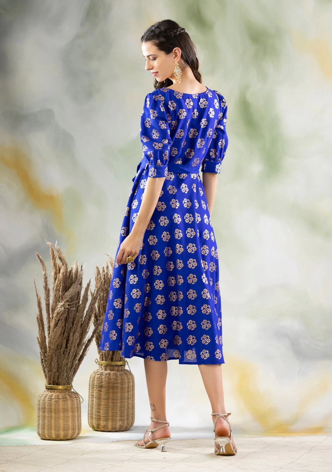 Blue Gold Foil Print Flared Midi Dress