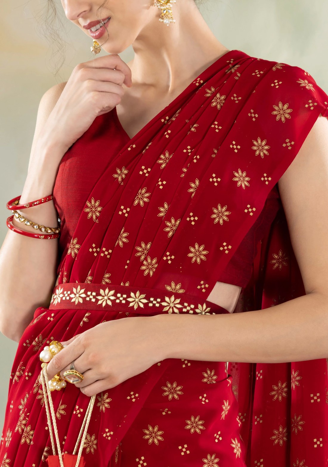 Maroon Georgette Khari Printed Saree Blouse With Embroidered Belt