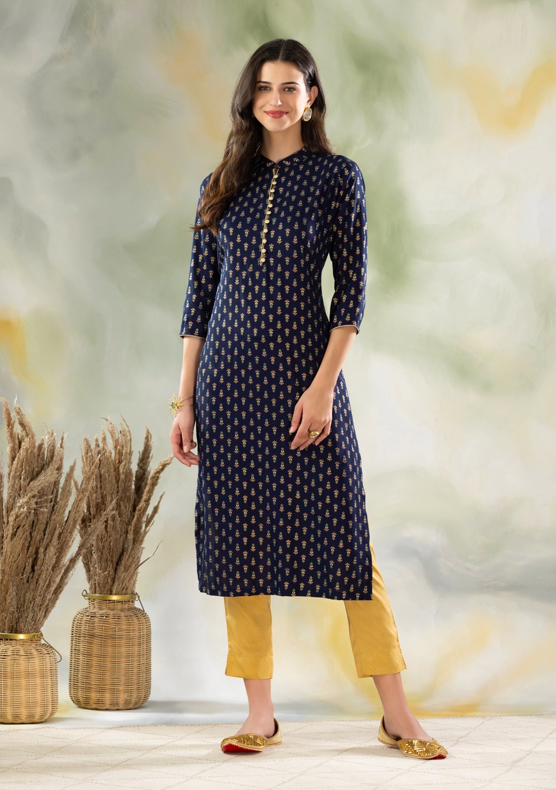 Navy Blue Khari Printed Rayon Kurta