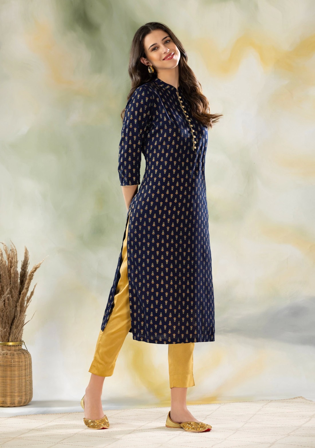 Navy Blue Khari Printed Rayon Kurta