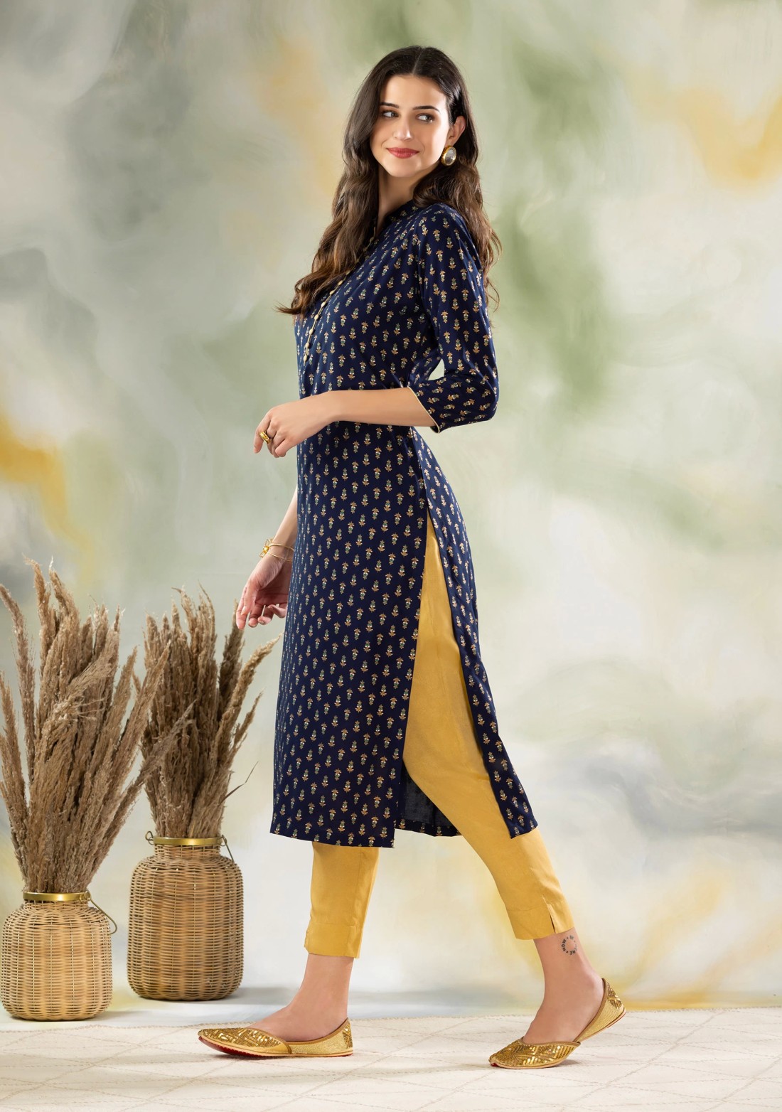 Navy Blue Khari Printed Rayon Kurta