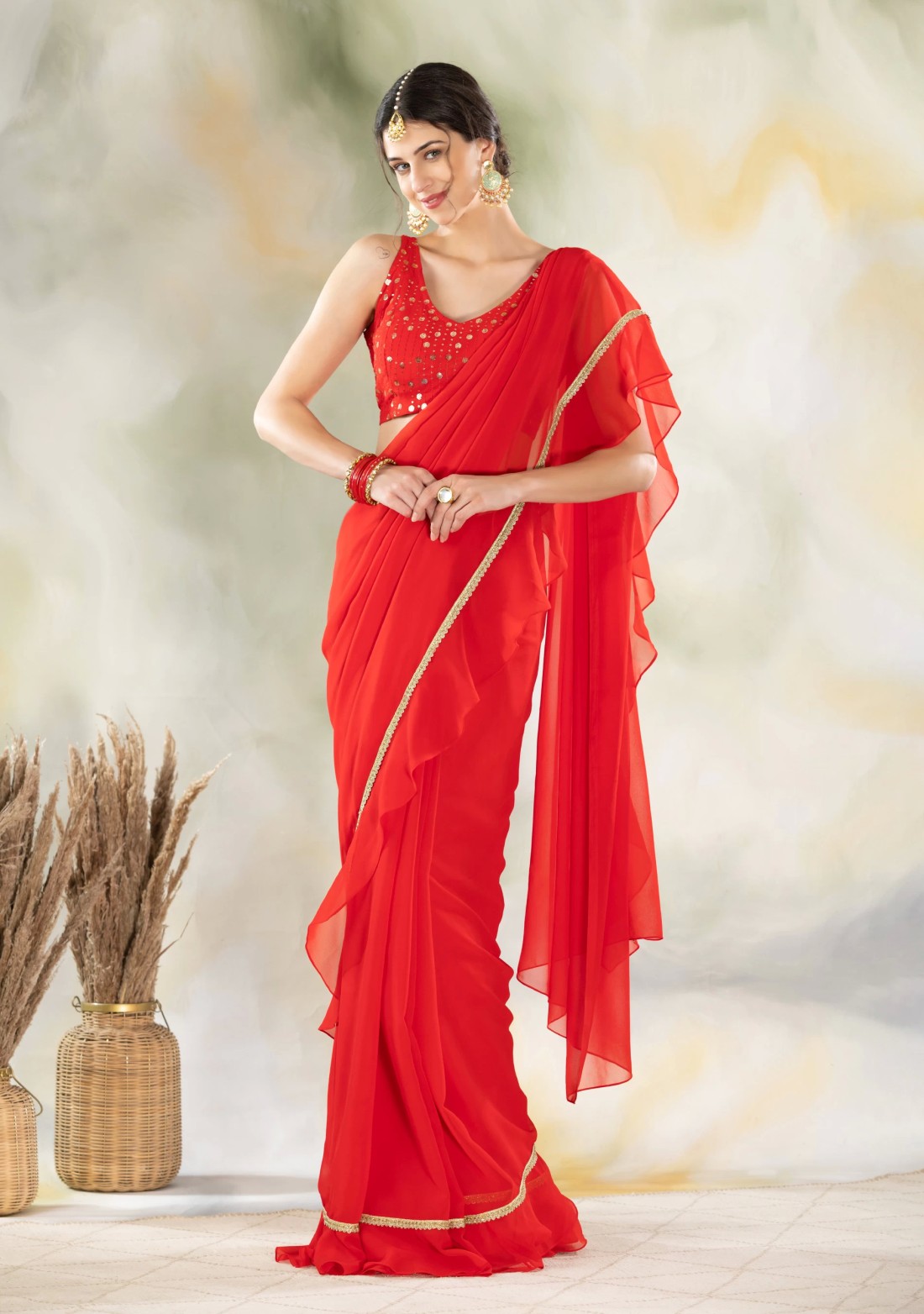 Red Ready To Wear Ruffle Saree with Unstitched Embroidered Blouse