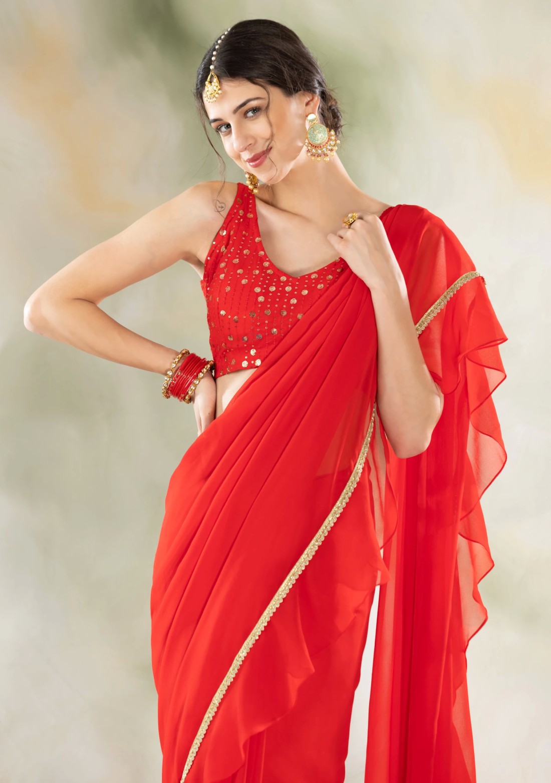 Red Ready To Wear Ruffle Saree with Unstitched Embroidered Blouse