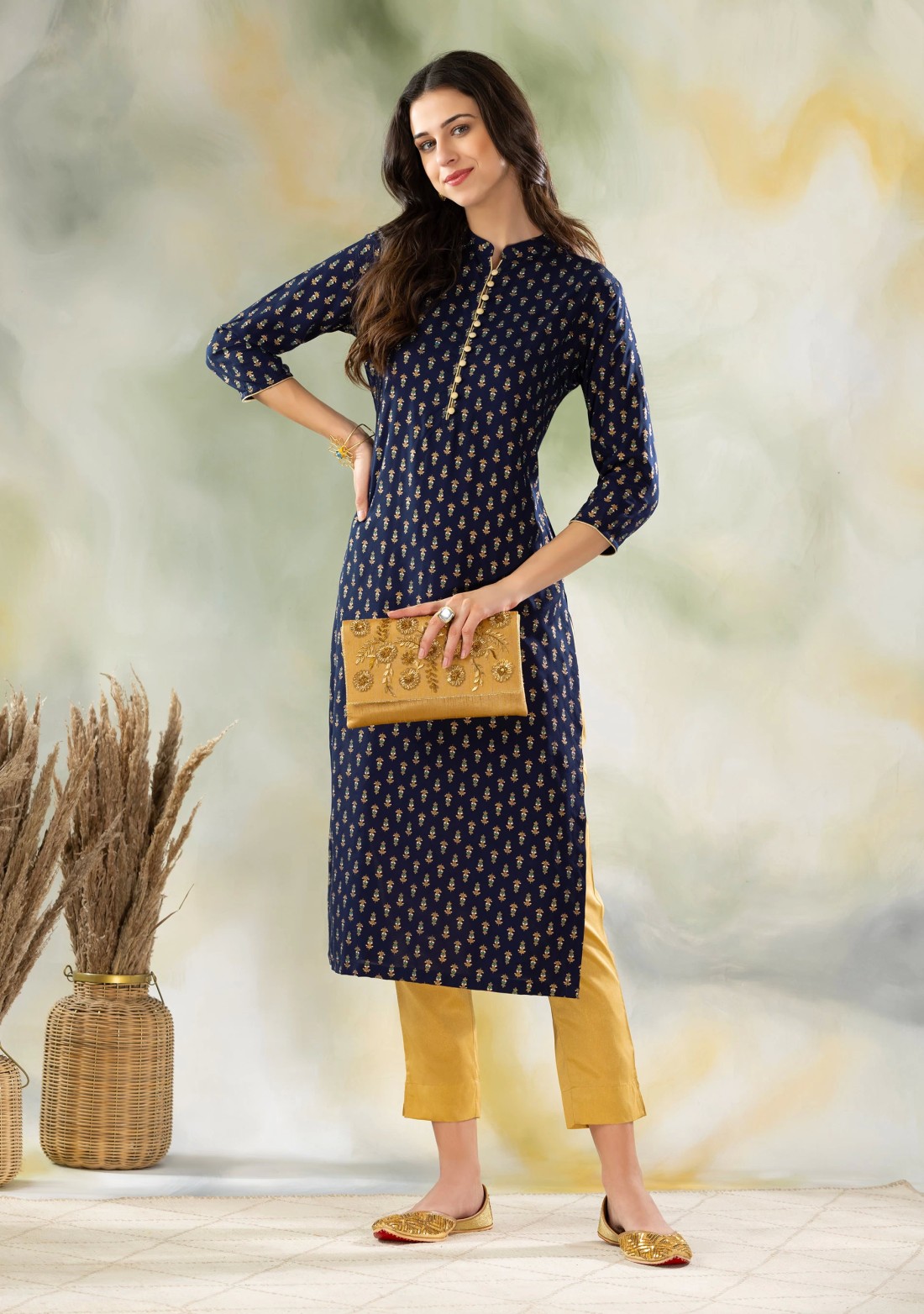 Navy Blue Khari Printed Rayon Kurta