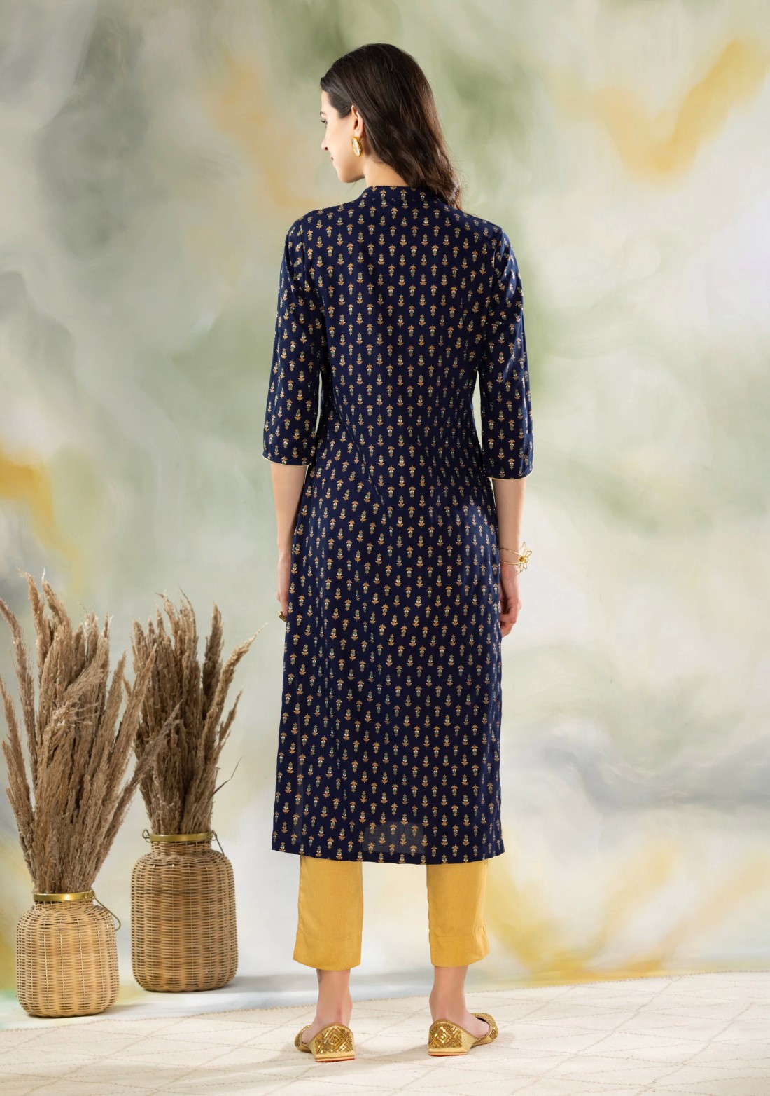 Navy Blue Khari Printed Rayon Kurta