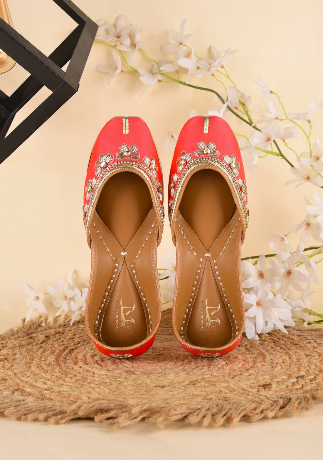 Coral Hand Embroidered Pure Leather Jutti