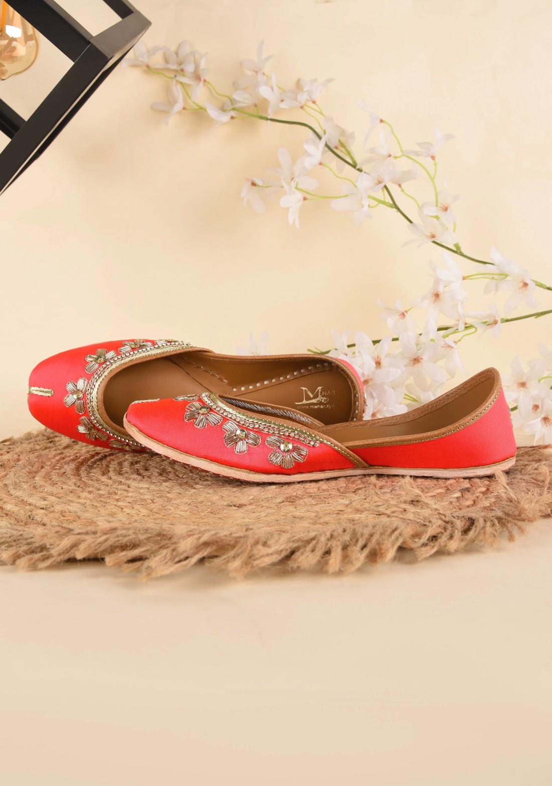 Coral Hand Embroidered Pure Leather Jutti