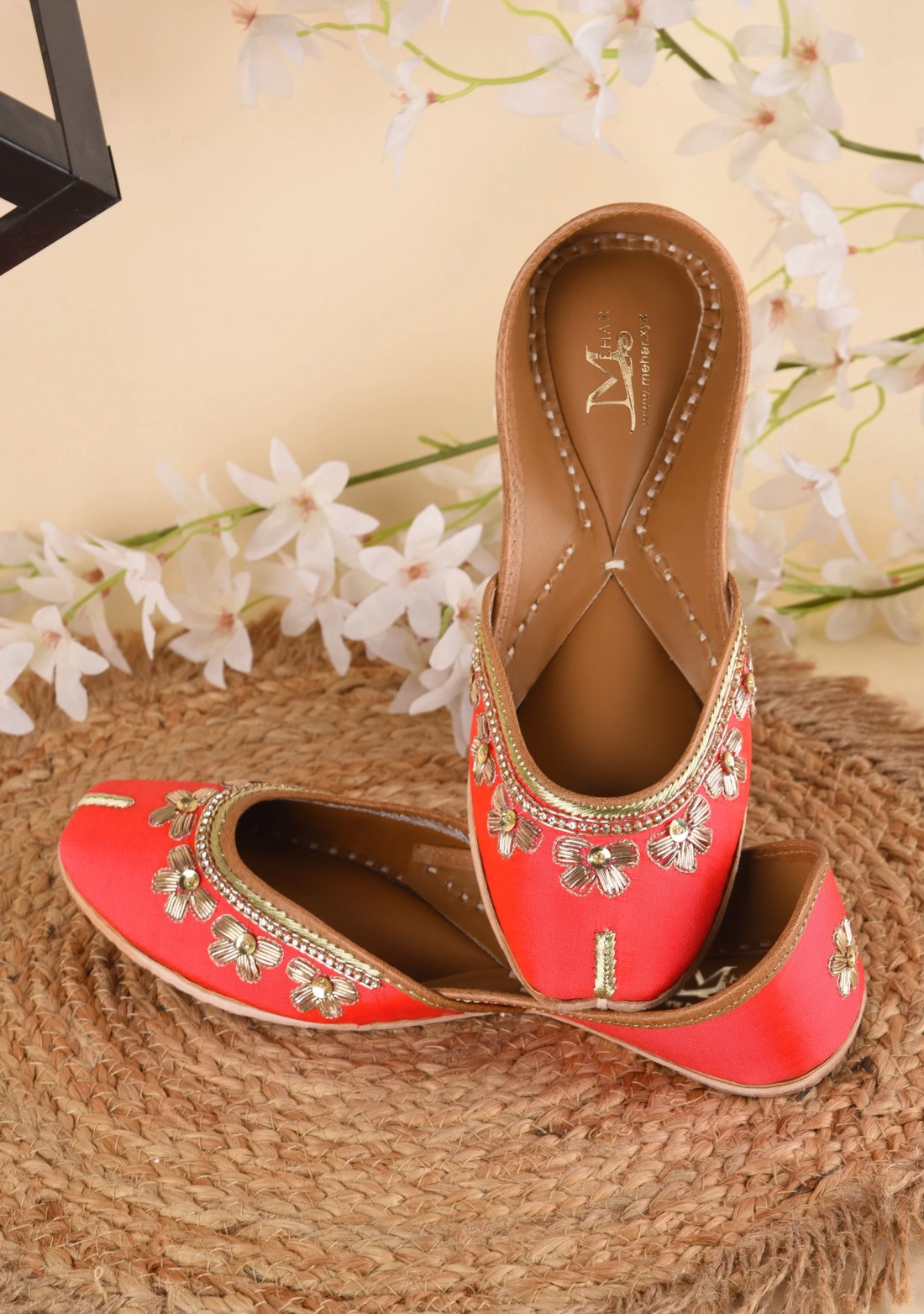 Coral Hand Embroidered Pure Leather Jutti