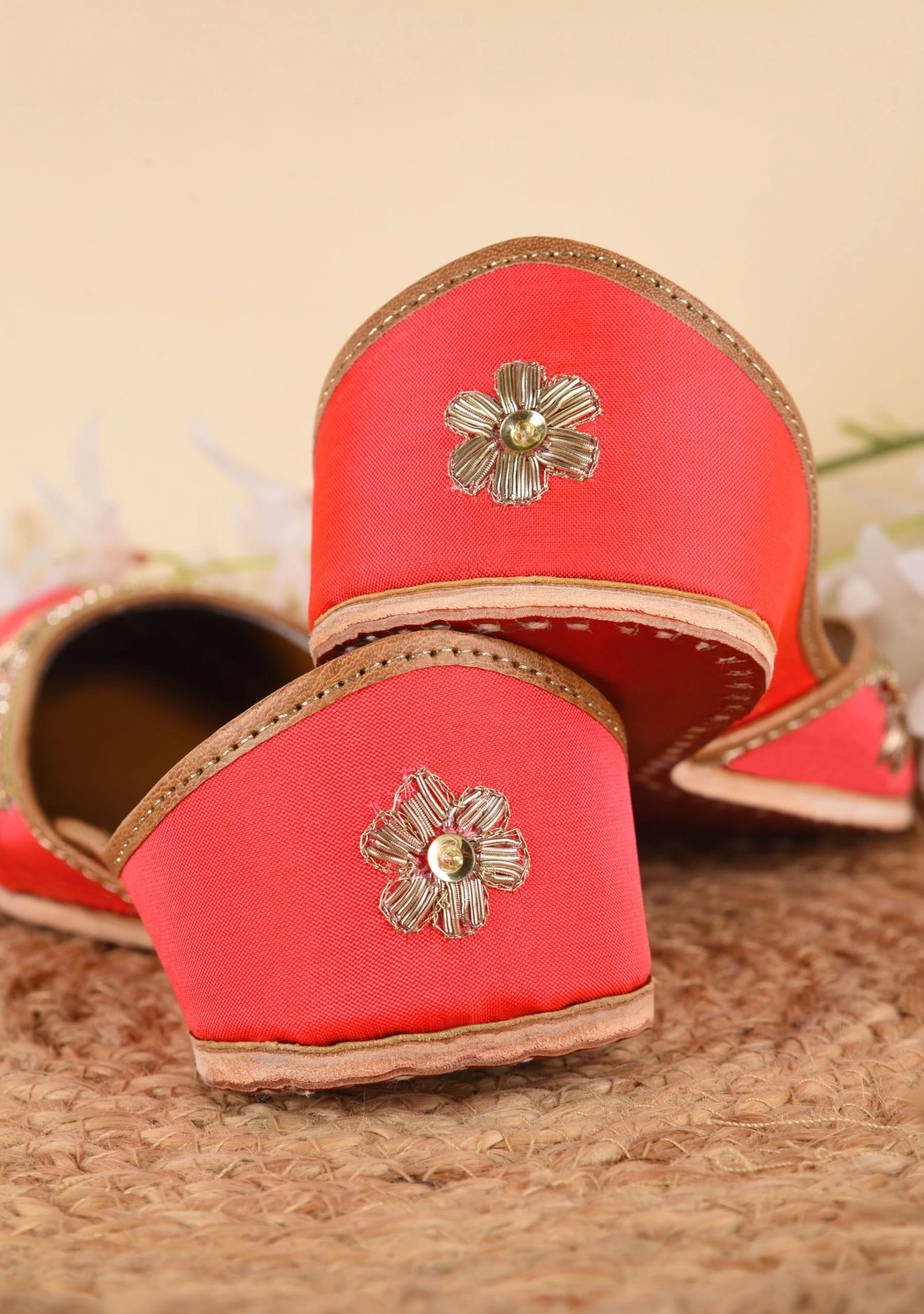 Coral Hand Embroidered Pure Leather Jutti