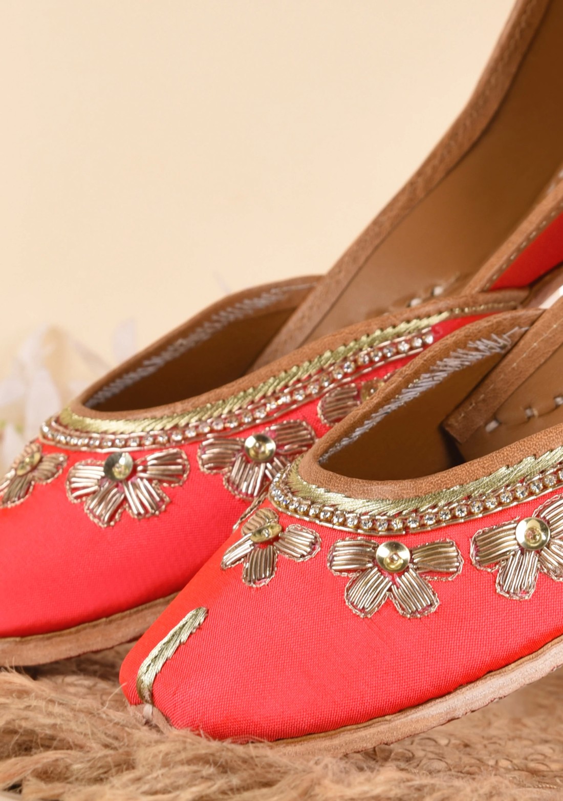 Coral Hand Embroidered Pure Leather Jutti