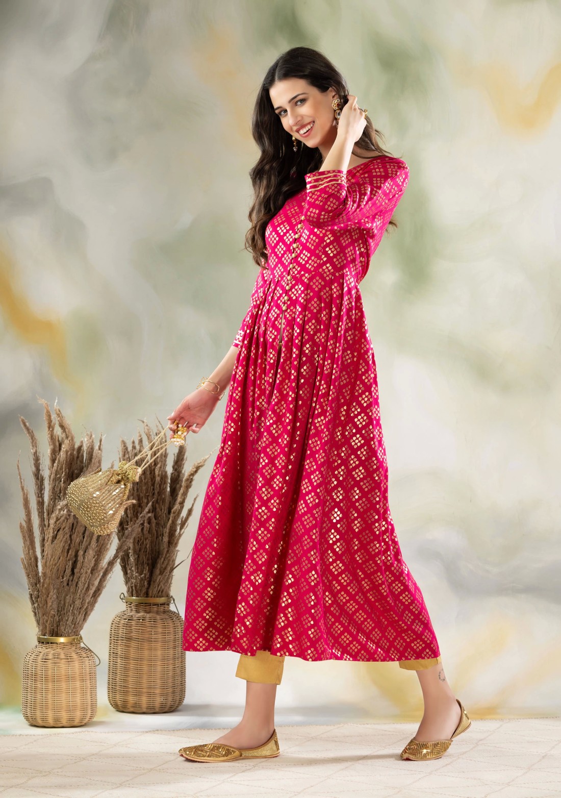 Fuchsia Pink Foil Printed Centre Open Viscose Rayon Pleated Kurta