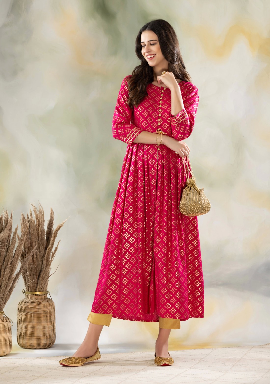 Fuchsia Pink Foil Printed Centre Open Viscose Rayon Pleated Kurta