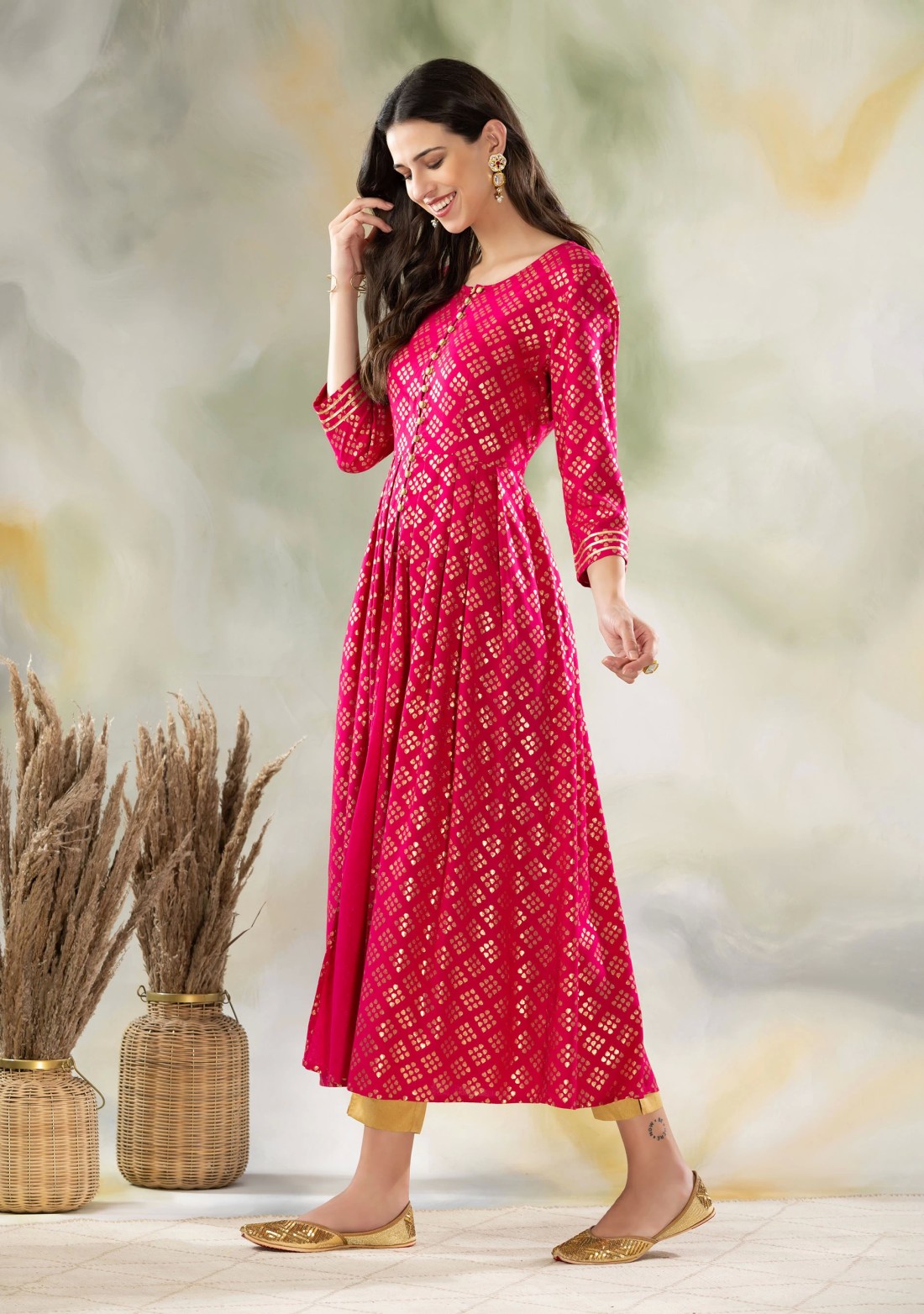 Fuchsia Pink Foil Printed Centre Open Viscose Rayon Pleated Kurta