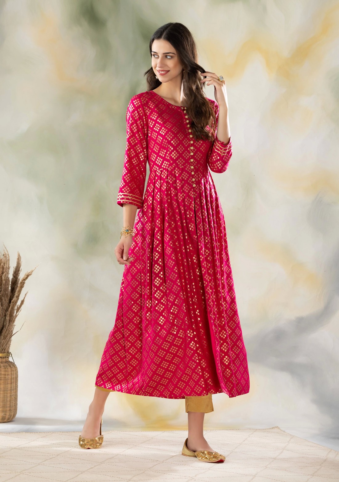 Fuchsia Pink Foil Printed Centre Open Viscose Rayon Pleated Kurta