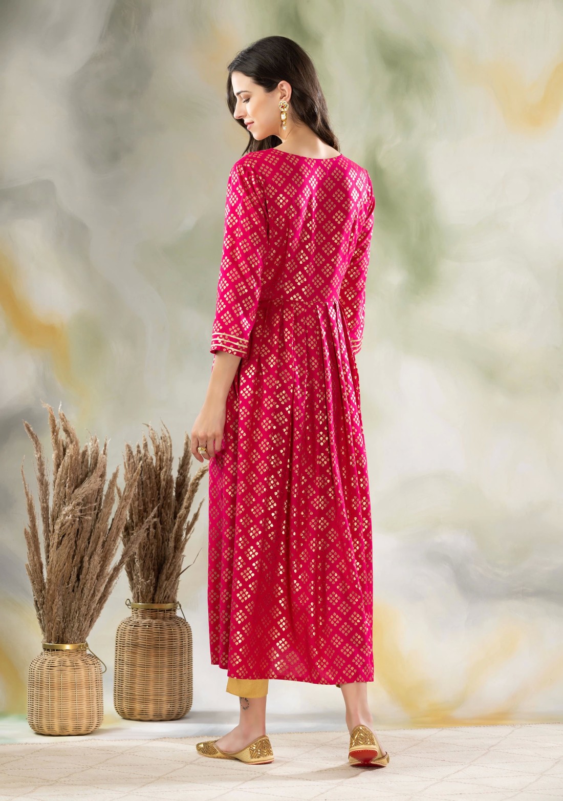 Fuchsia Pink Foil Printed Centre Open Viscose Rayon Pleated Kurta