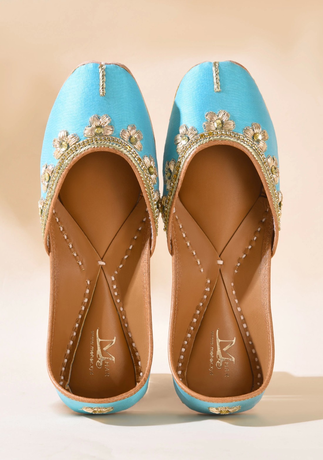 Turquoise Hand Embroidered Pure Leather Jutti