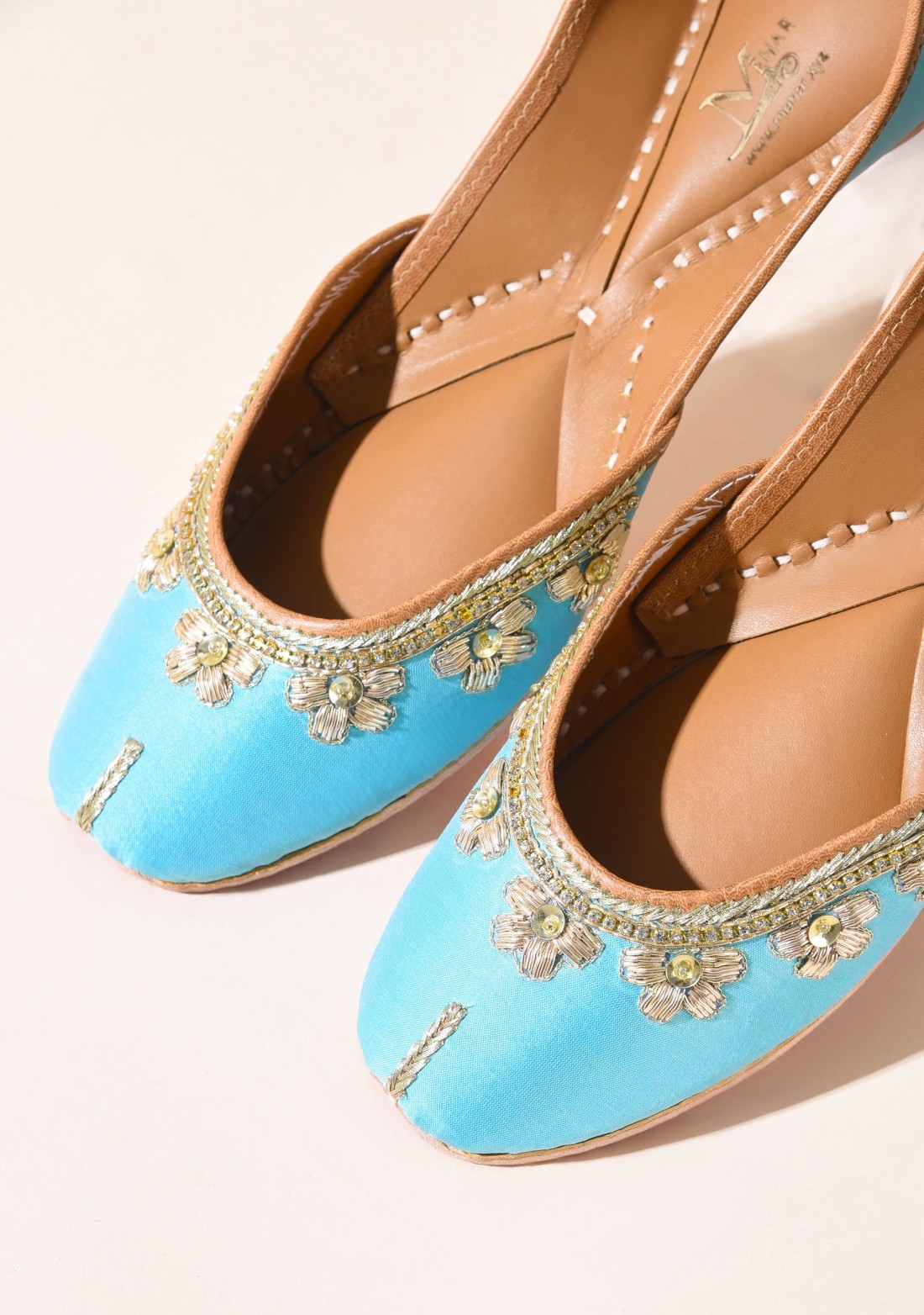 Turquoise Hand Embroidered Pure Leather Jutti