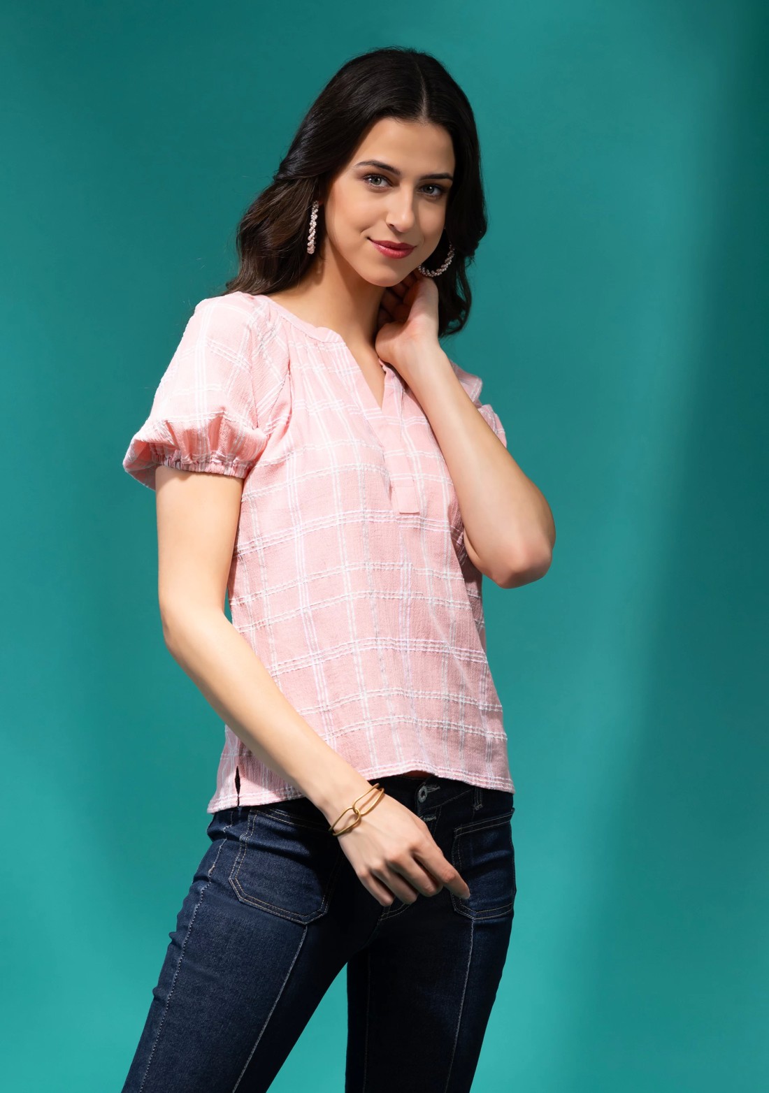 Light Pink Structured Check Crinkle Cotton Top