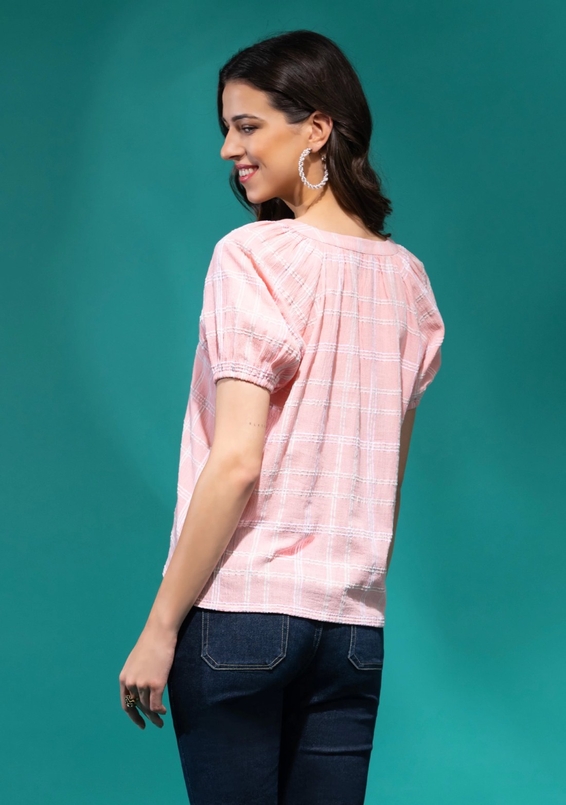 Light Pink Structured Check Crinkle Cotton Top