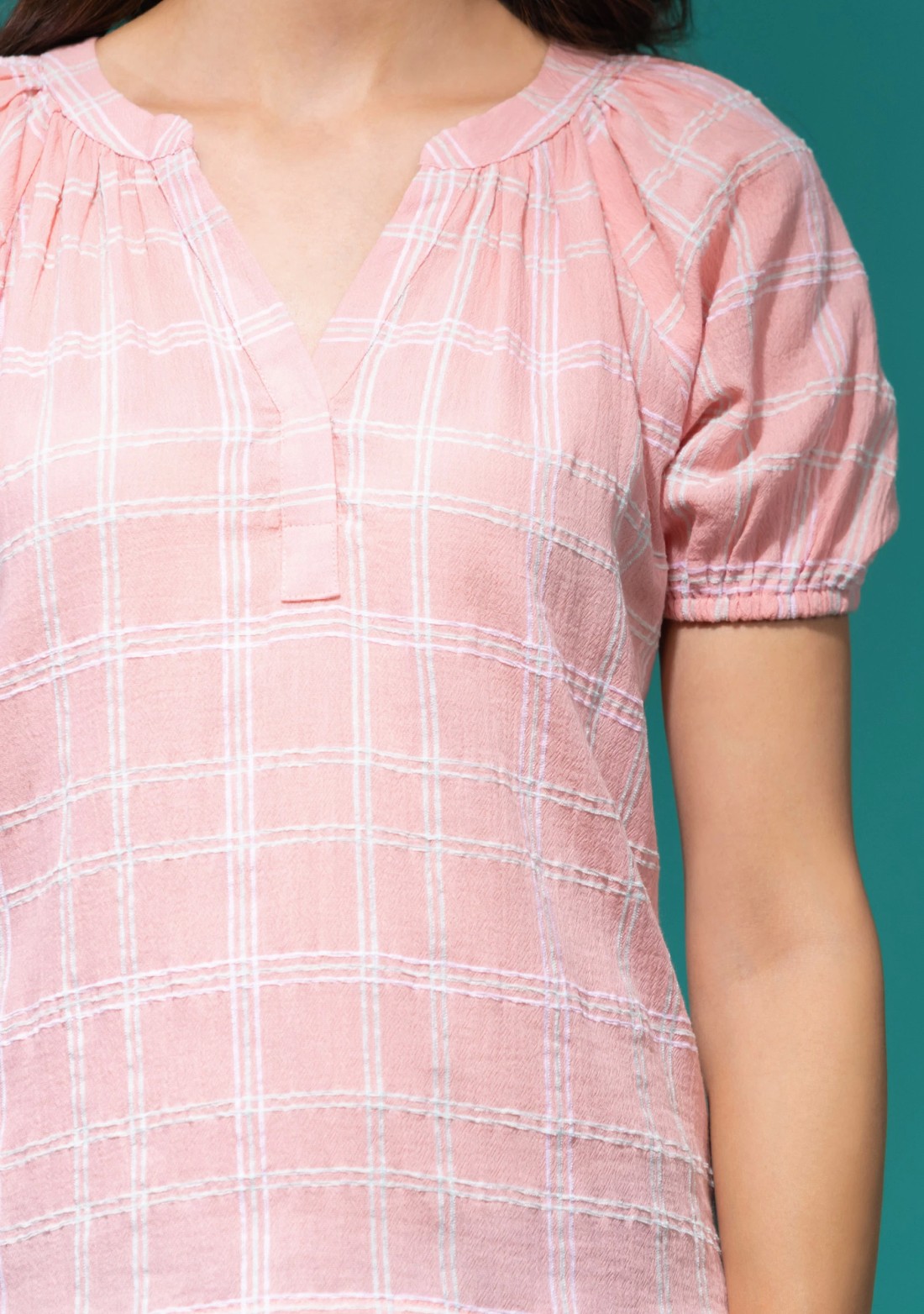 Light Pink Structured Check Crinkle Cotton Top