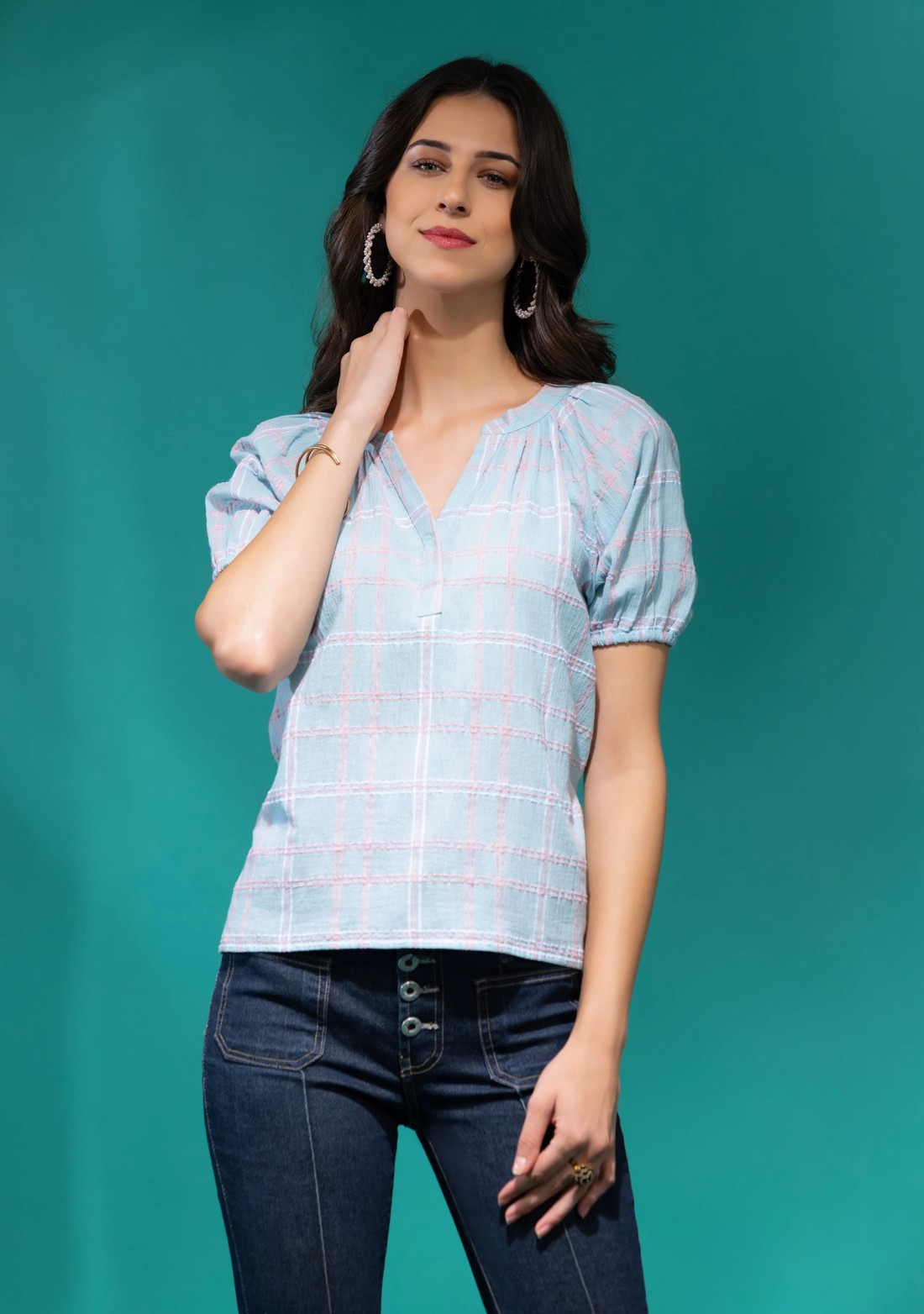 Light Blue Structured Check Crinkle Cotton Top