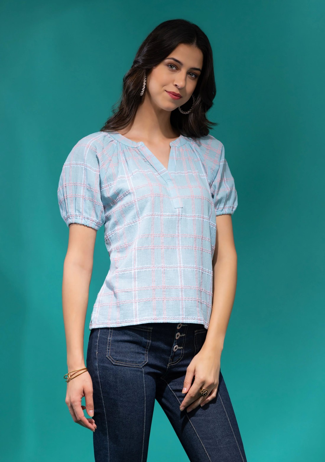 Light Blue Structured Check Crinkle Cotton Top