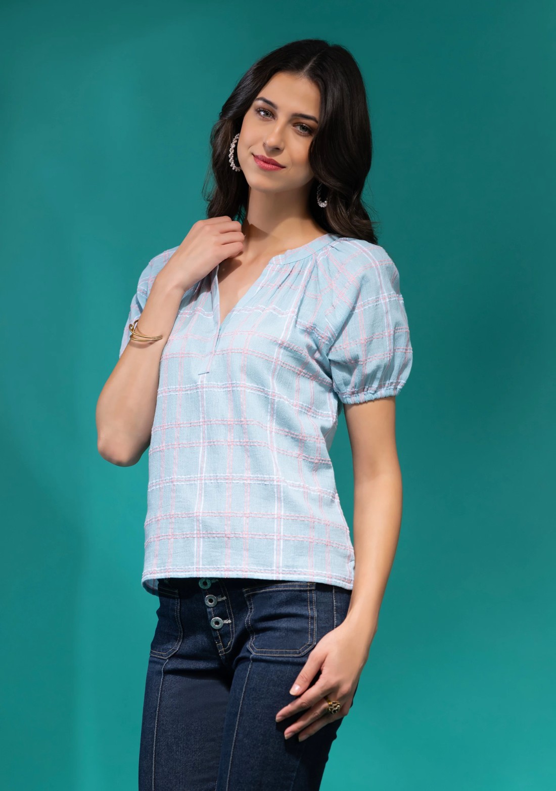 Light Blue Structured Check Crinkle Cotton Top