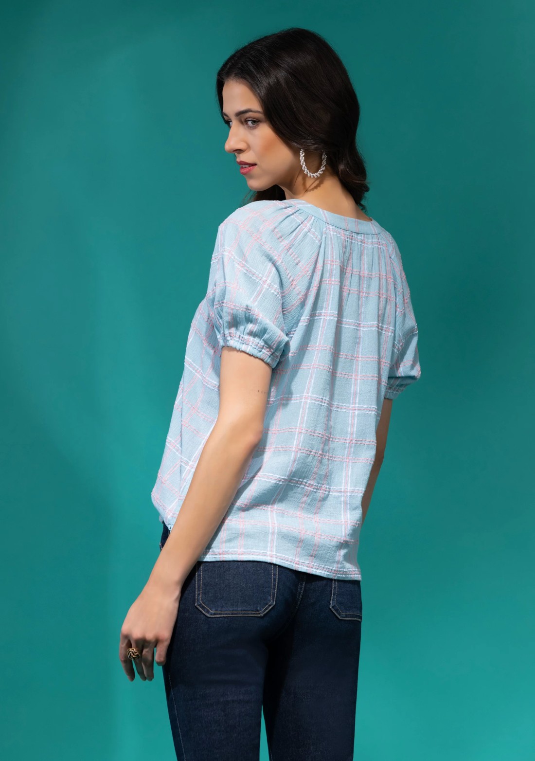 Light Blue Structured Check Crinkle Cotton Top