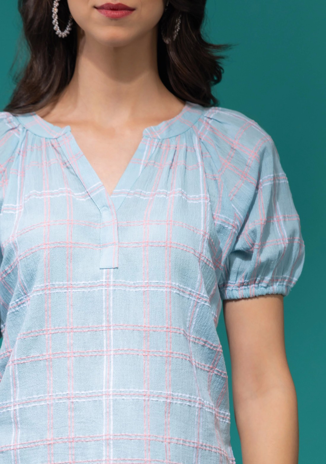 Light Blue Structured Check Crinkle Cotton Top