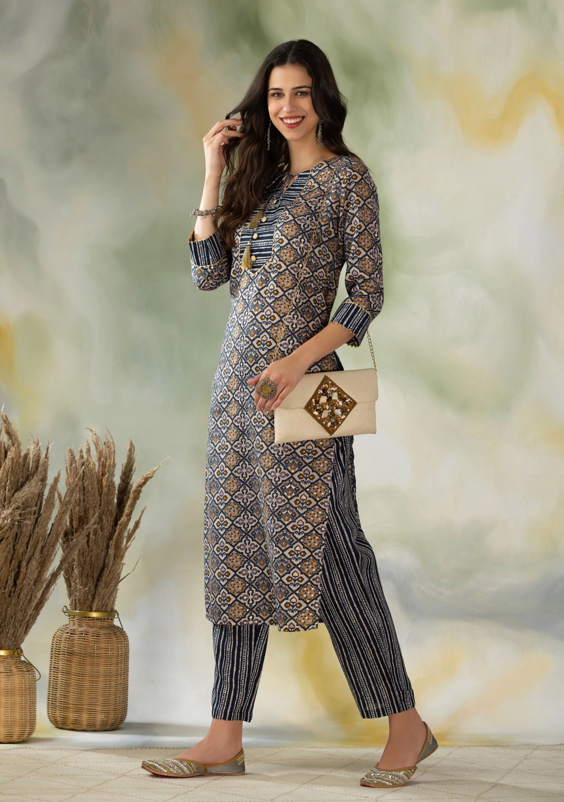 Navy Blue & Grey Geometric Foil Printed Cotton Kurta Pant Set