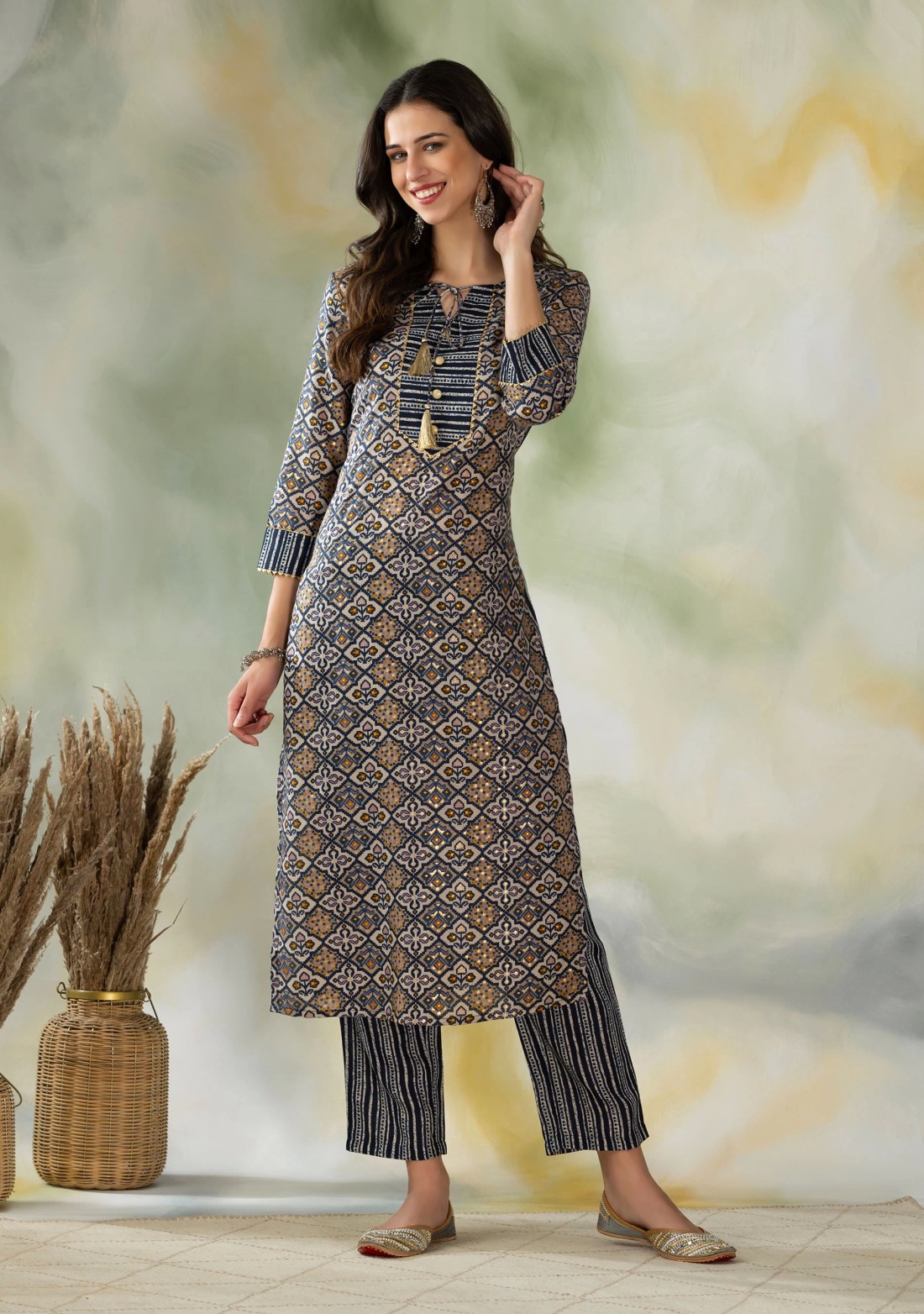 Navy Blue & Grey Geometric Foil Printed Cotton Kurta Pant Set