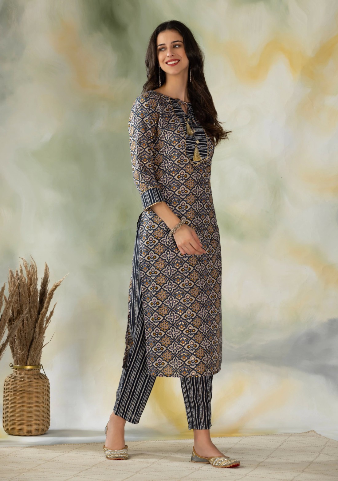 Navy Blue & Grey Geometric Foil Printed Cotton Kurta Pant Set