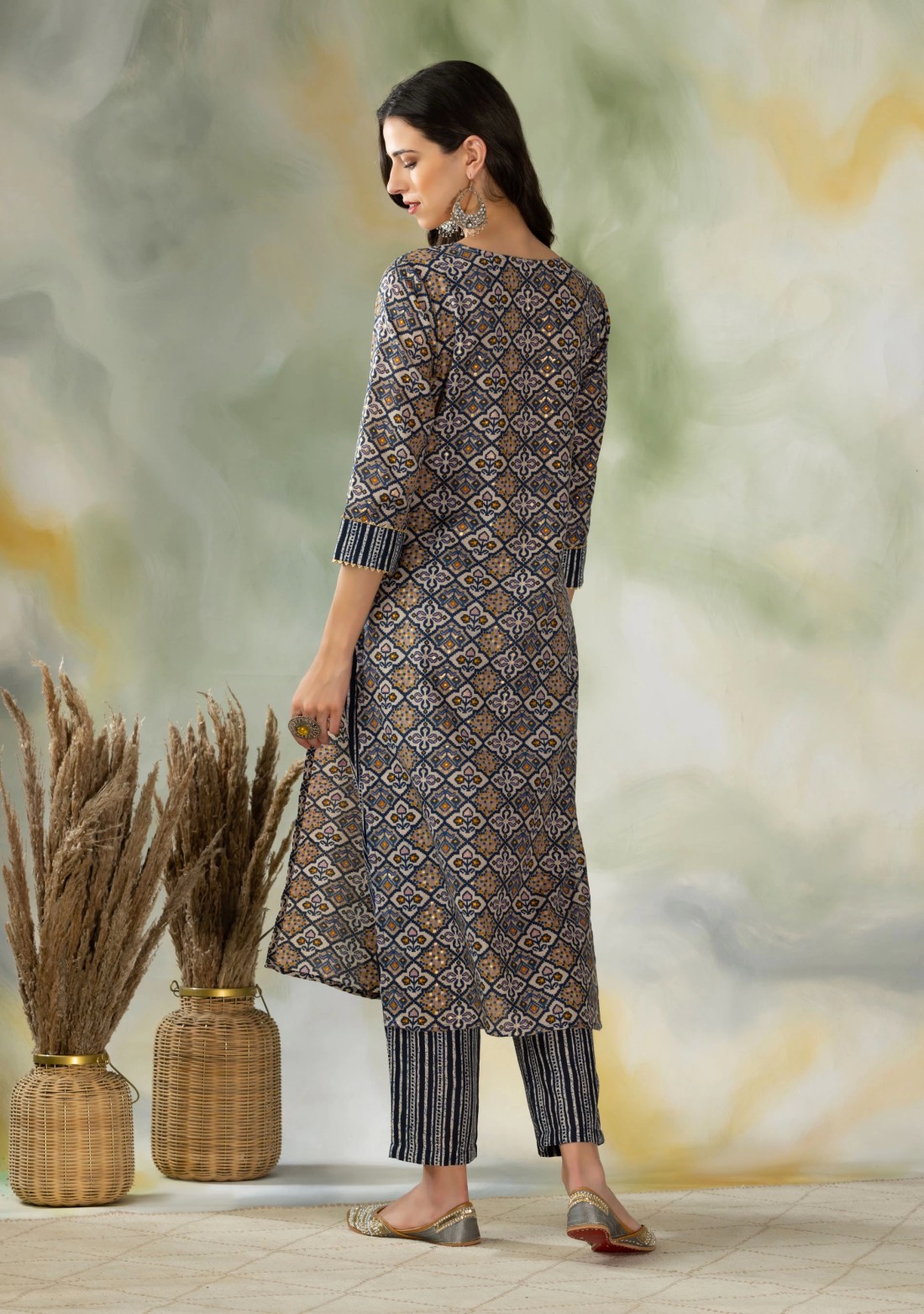 Navy Blue & Grey Geometric Foil Printed Cotton Kurta Pant Set