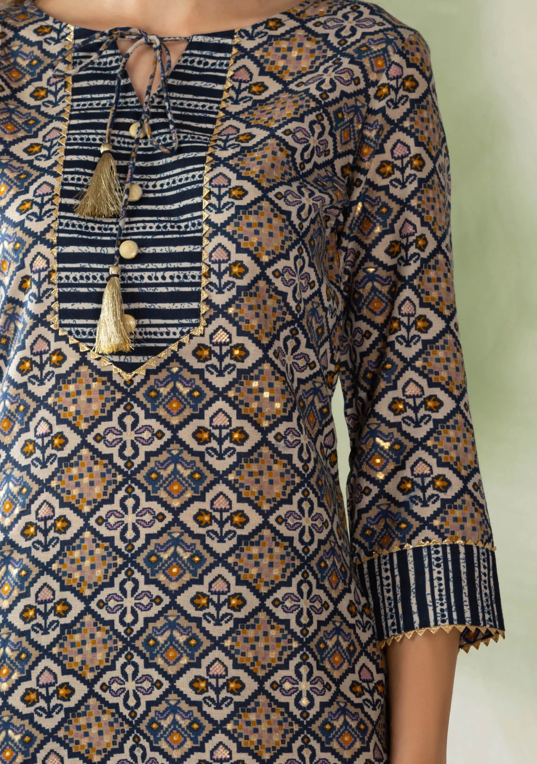 Navy Blue & Grey Geometric Foil Printed Cotton Kurta Pant Set