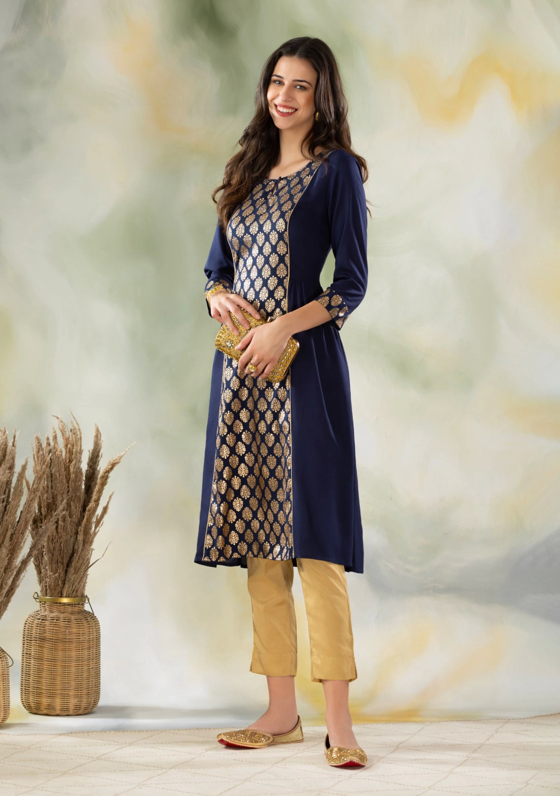 Dark Blue Gold Foil Print Flared Kurti