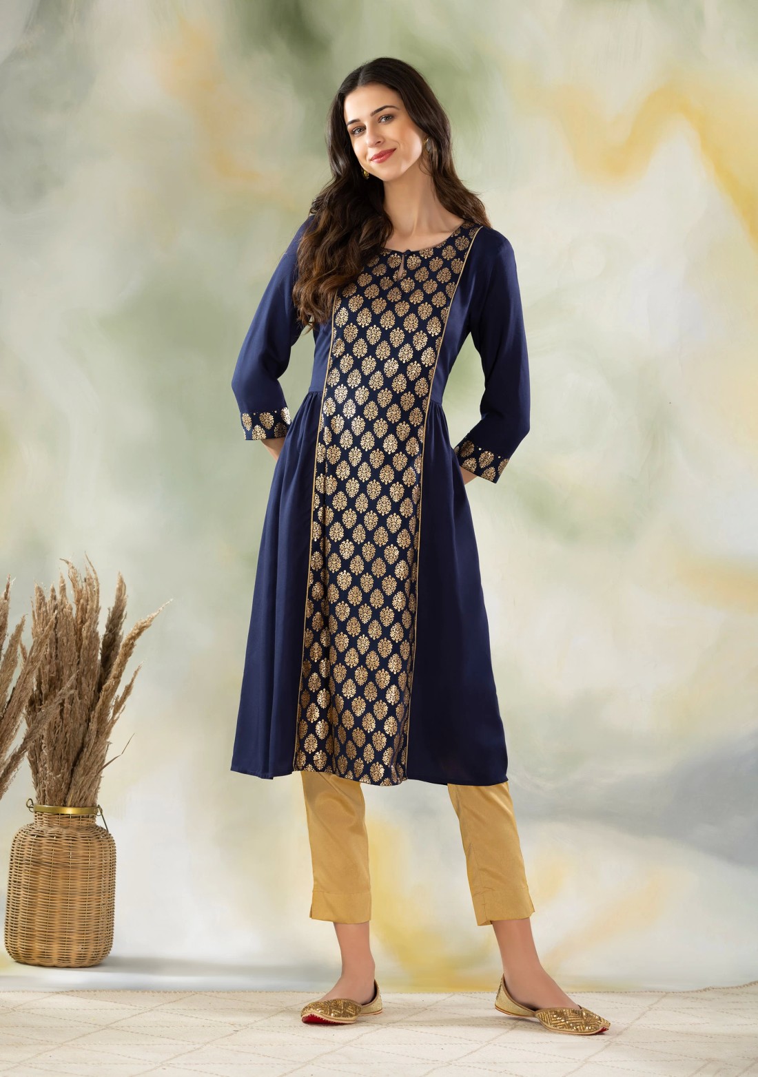 Dark Blue Gold Foil Print Flared Kurti