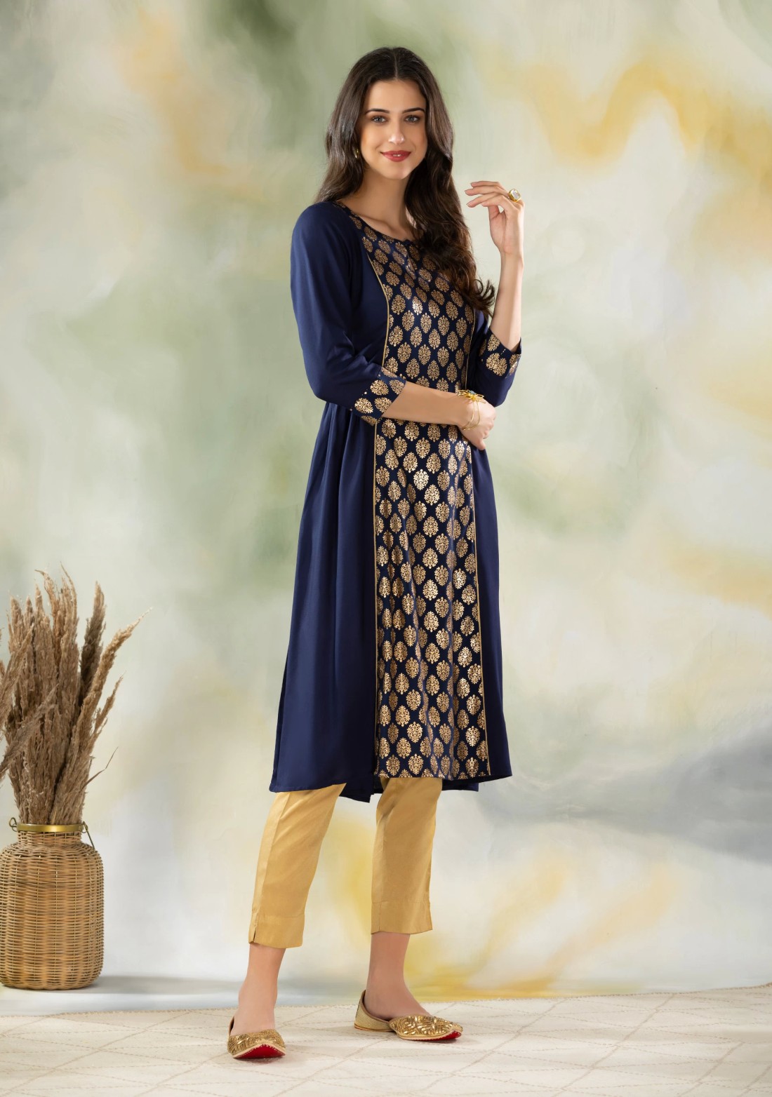 Dark Blue Gold Foil Print Flared Kurti