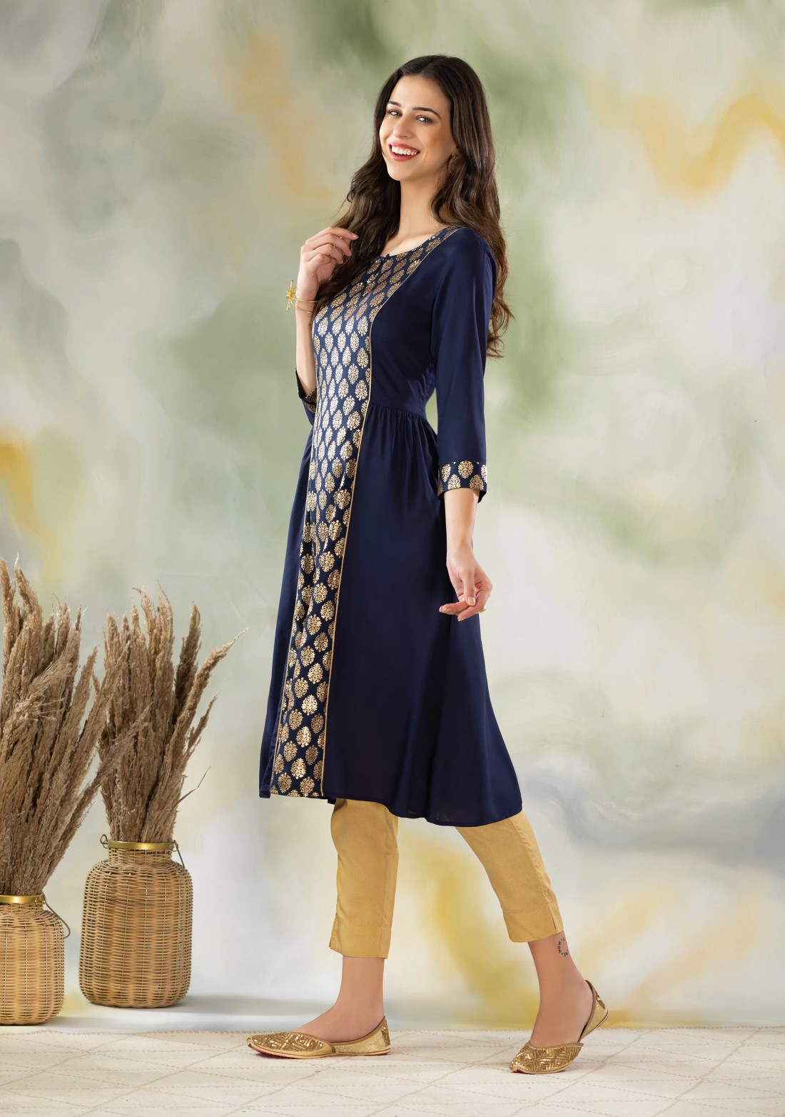 Dark Blue Gold Foil Print Flared Kurti