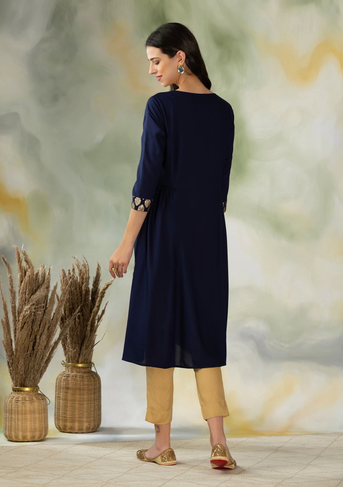 Dark Blue Gold Foil Print Flared Kurti