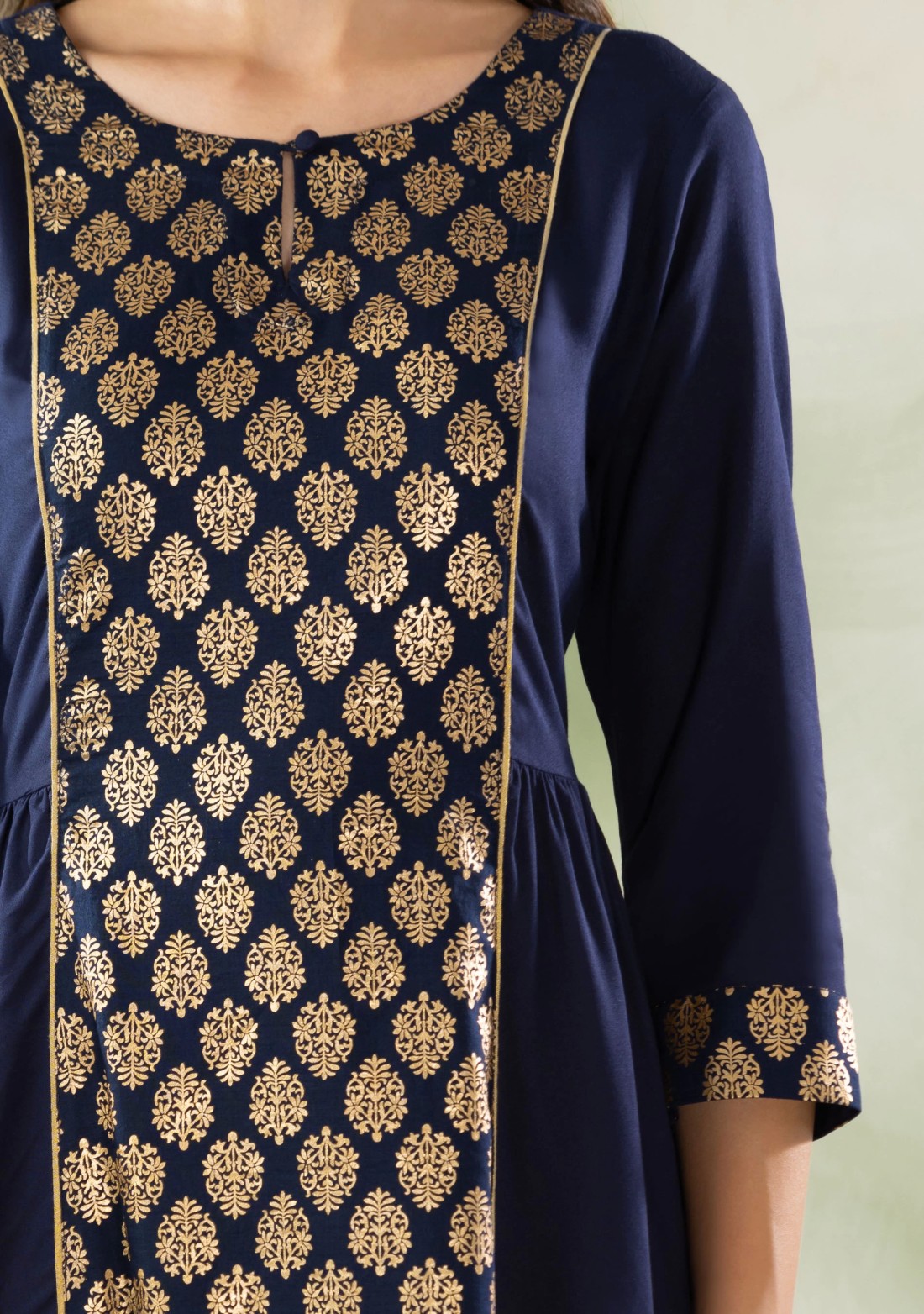 Dark Blue Gold Foil Print Flared Kurti