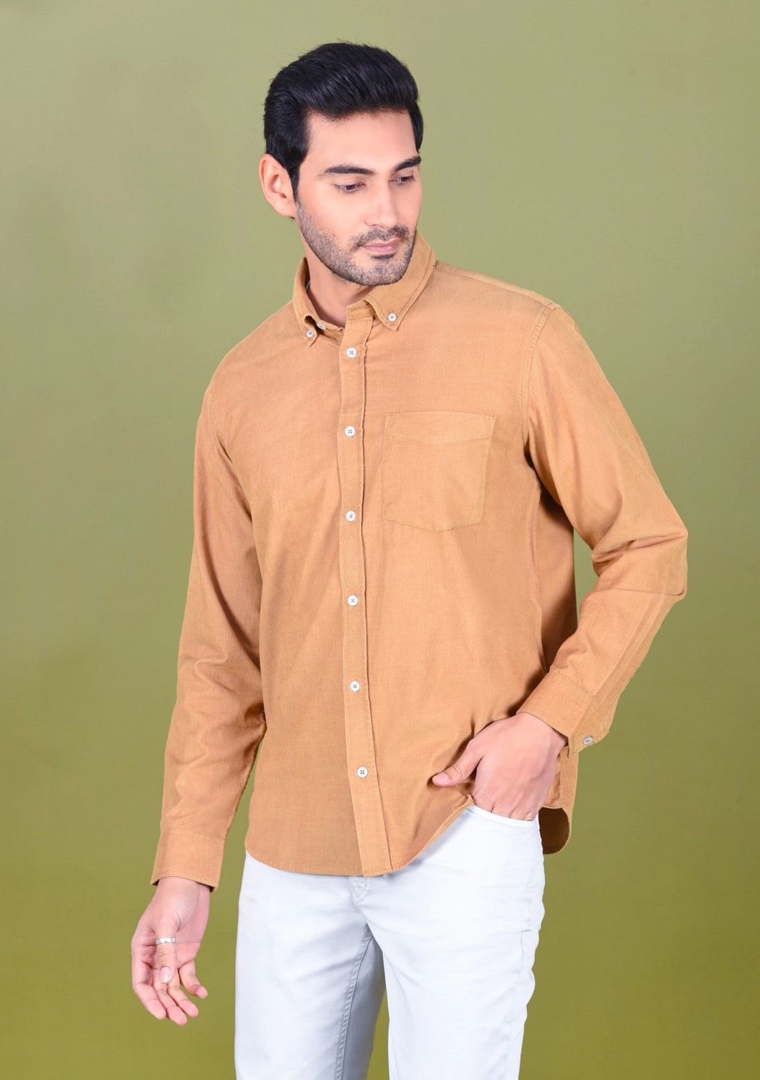 Beige Regular Fit Corduroy Men's shirt