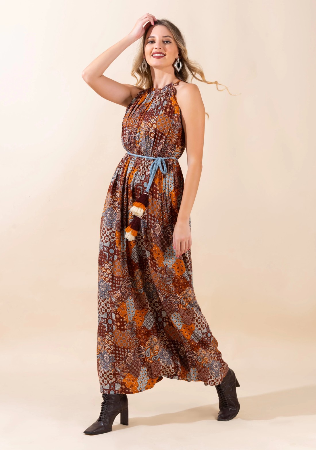 Multi Colour Ethnic Motif Patch Print Rayon Halter Neck Long Dress