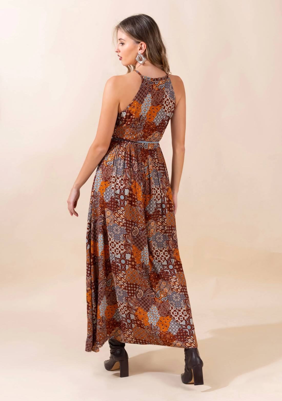 Multi Colour Ethnic Motif Patch Print Rayon Halter Neck Long Dress