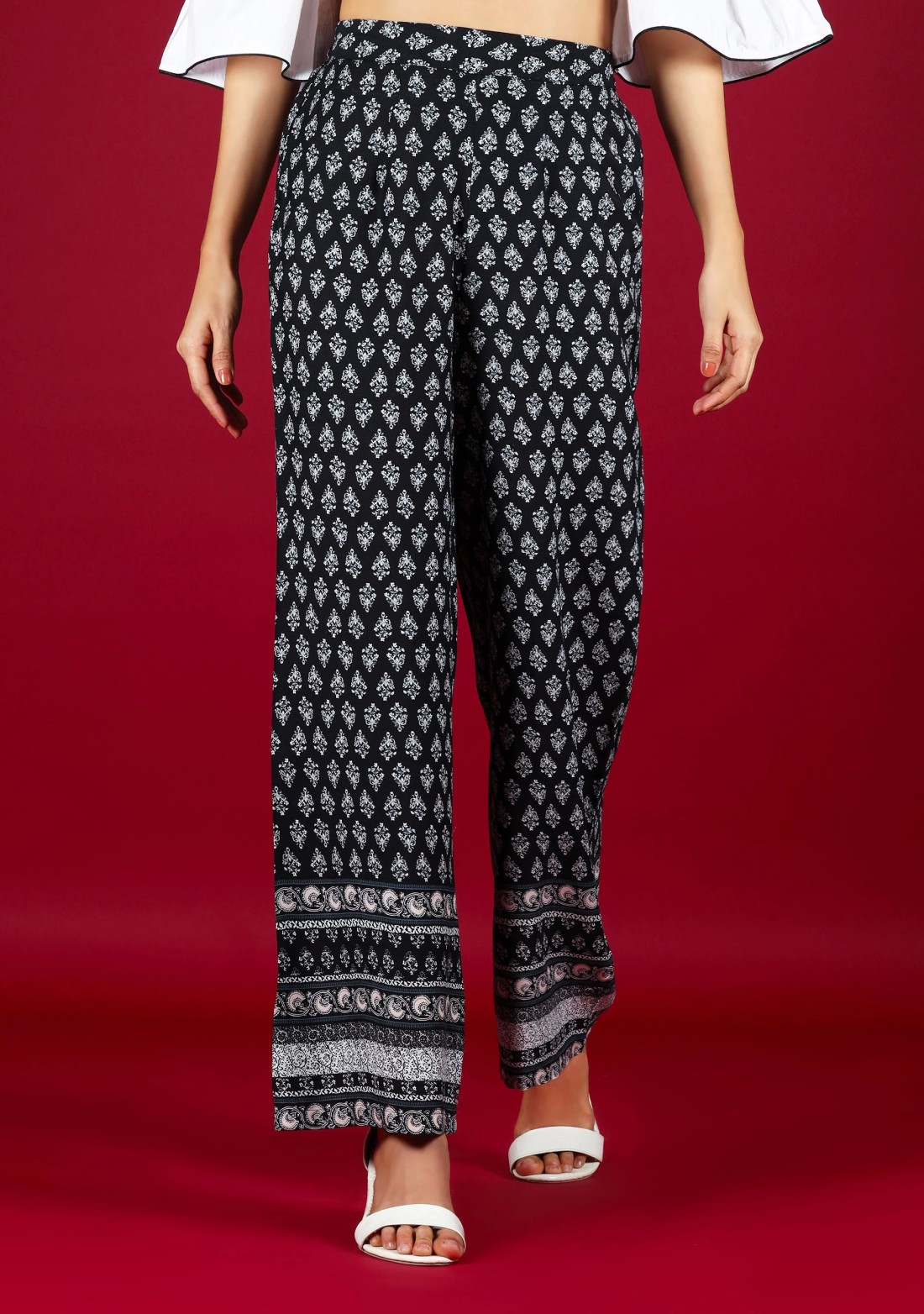 Ethnic Motif Border Print Rayon Palazzo Pant