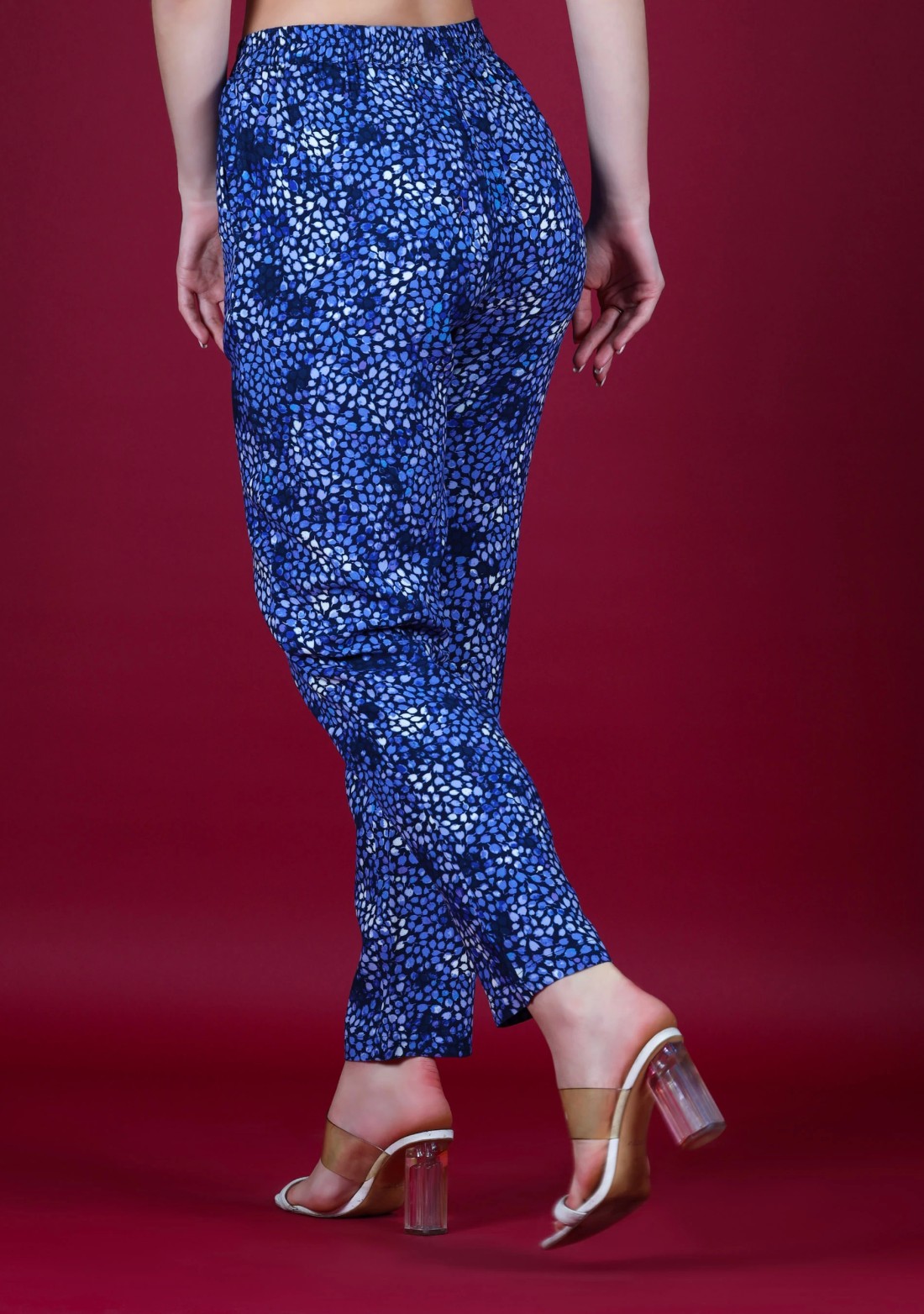 Blue Ditsy Print Rayon Narrow Pants